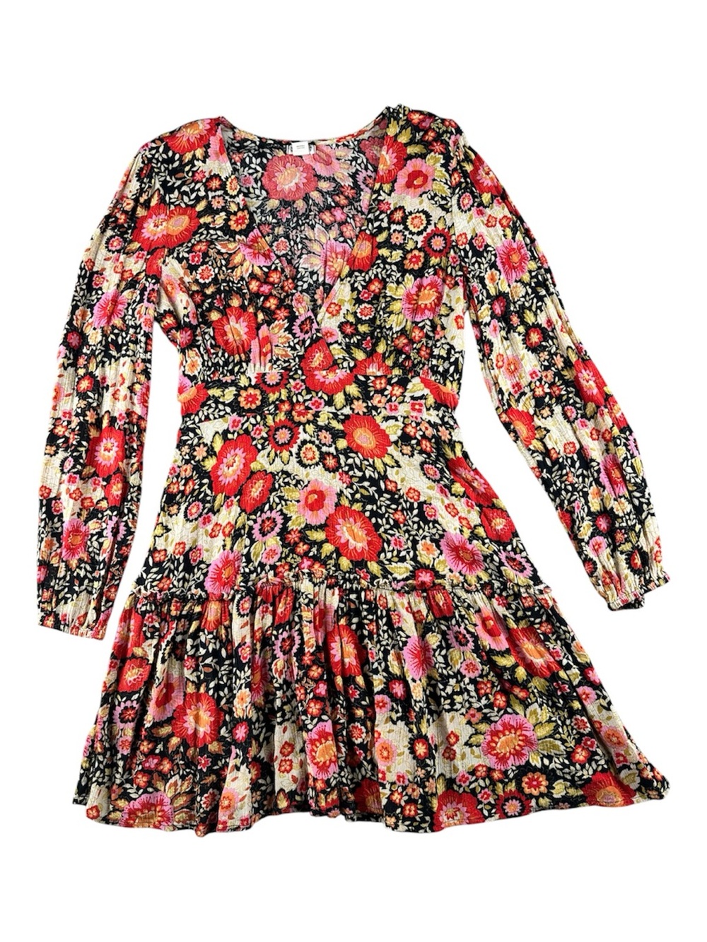 Billabong Floral Bold Botanical long sleeve Cottagecore Mini Dress Boho Sz M